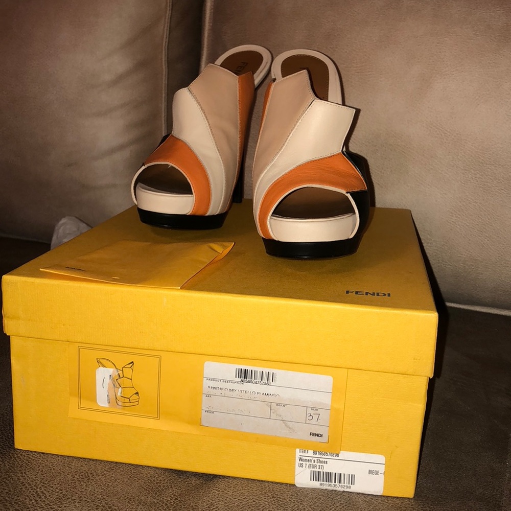 Fendi , open toe heels ; Vitello Flamingo